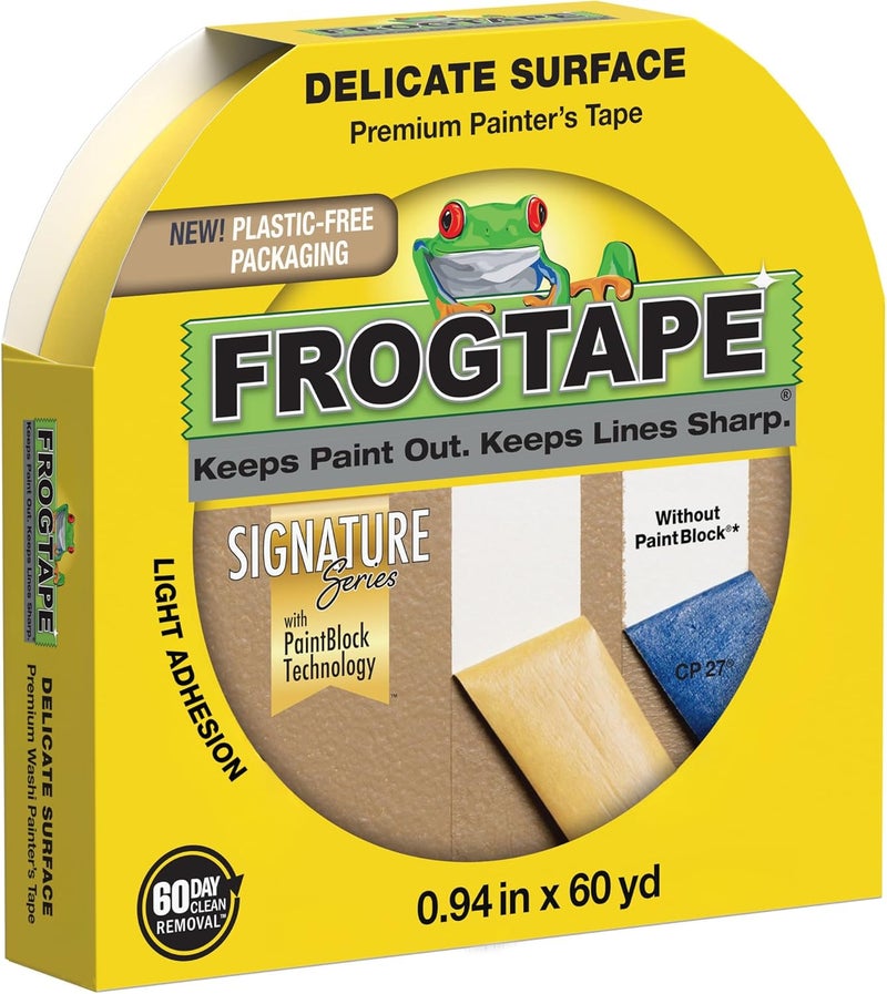 FrogTape Delicate Surface Painters Tape with PAINTBLOCK, 1 Inch Wide (0.94 In. x 60 Yds), Low Adhesion, Ideal for Freshly Painted Walls, Trim & Surfaces, Yellow, 1 Roll (280220) - Image 1